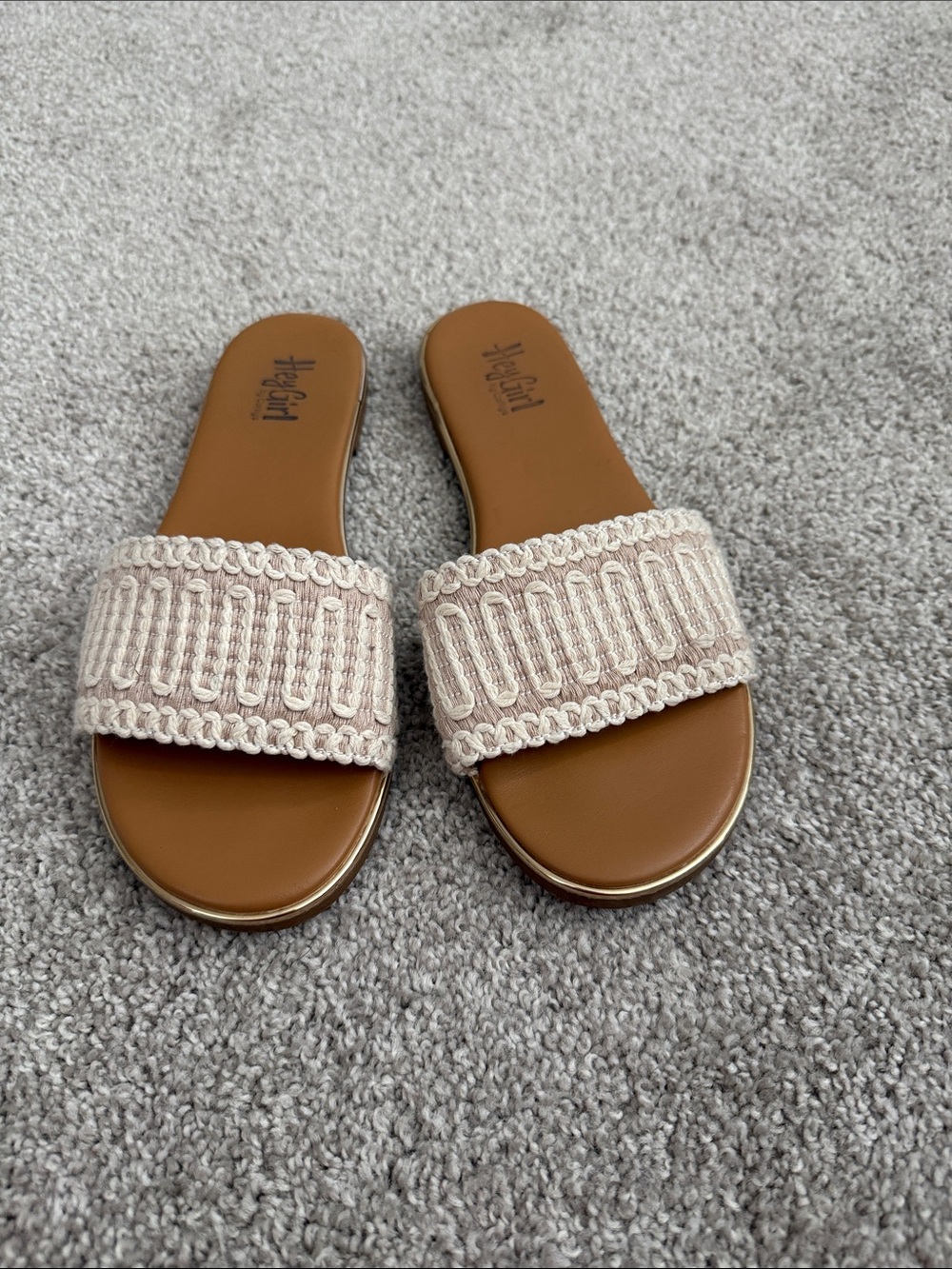 Hey Girl Beige Crochet Slide Sandals with Tan Footbed